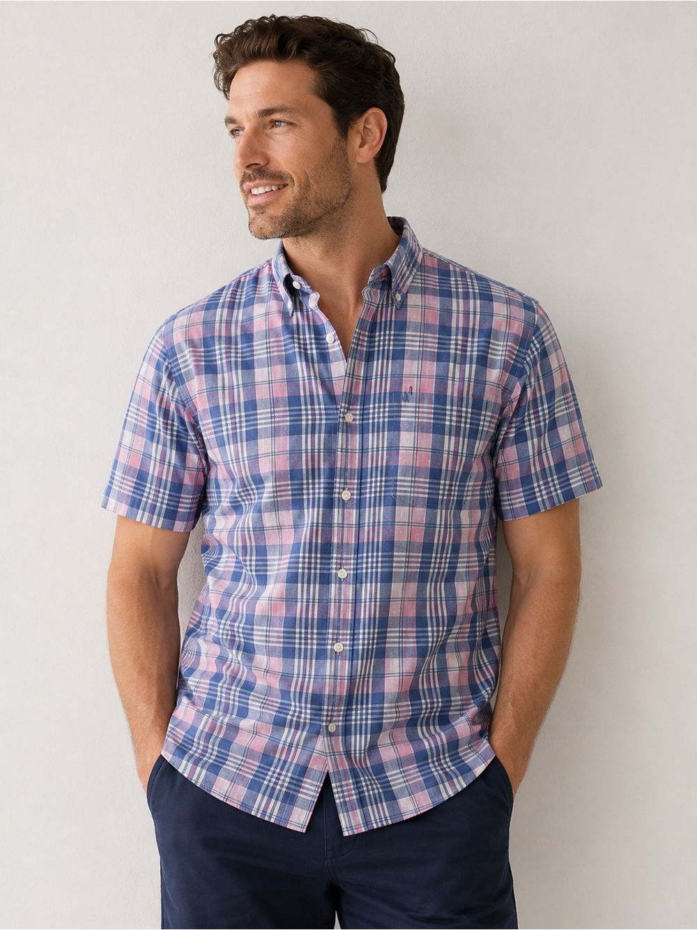 MICHAEL BASTIAN. Men's Short-Sleeve Plaid Button-Up Shirt. Pink & Blue. XL.